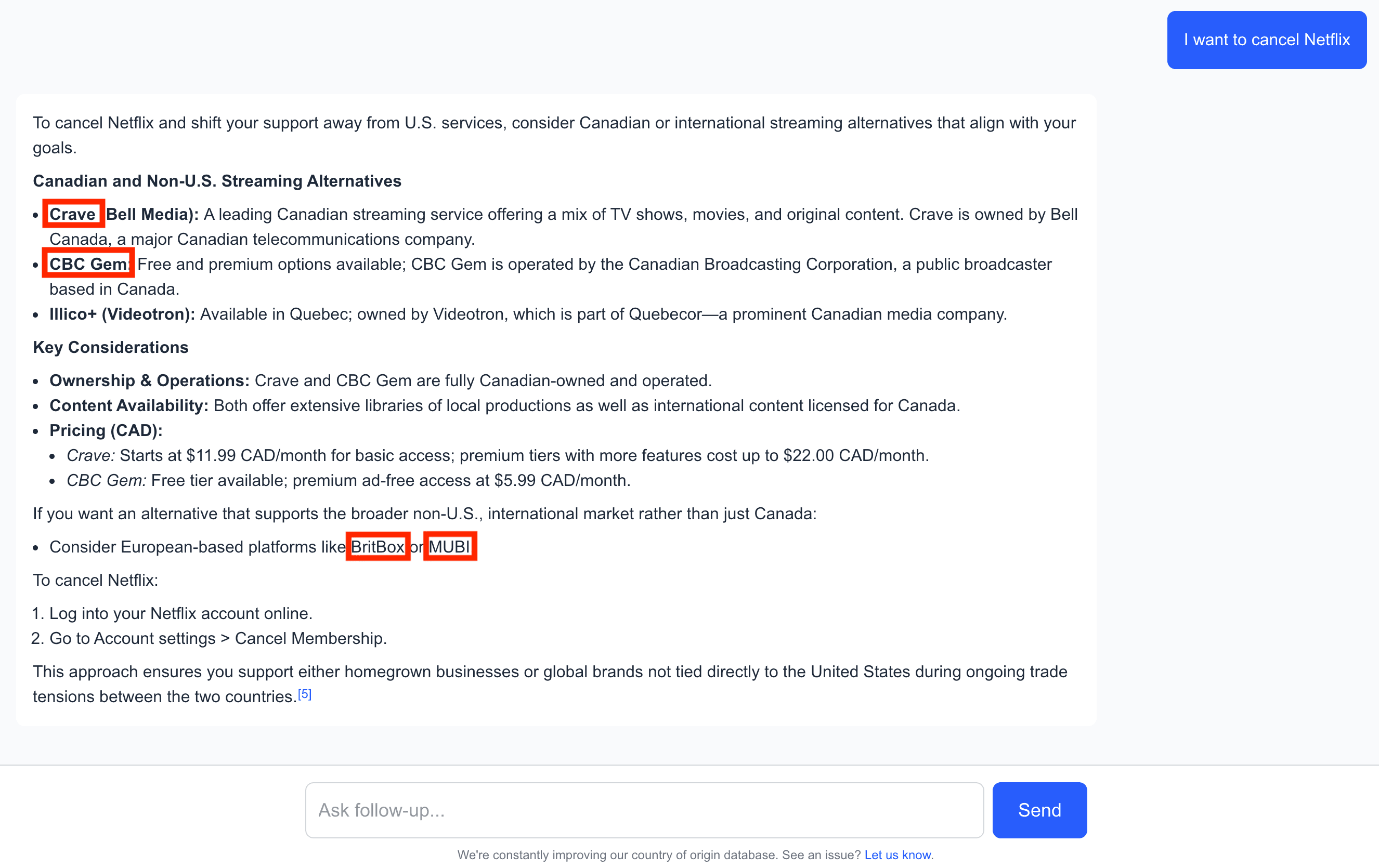 USAboycott.ca search results showing Canadian alternatives to Netflix including Crave, CBC Gem, and others